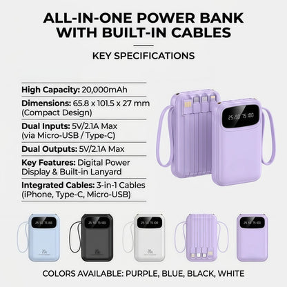 20W PD Fast Charging Portable Power Bank with Built-in Cables, LED Display & Flashlight