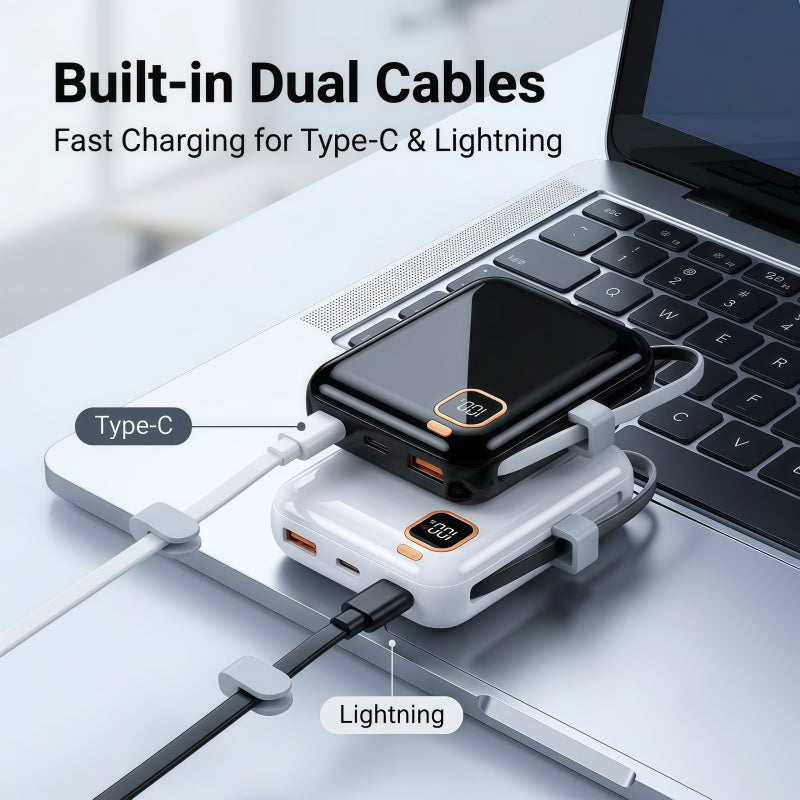 10000mAh Mini Power Bank with Built-in Cables, 66W Fast Charging Portable Battery Pack