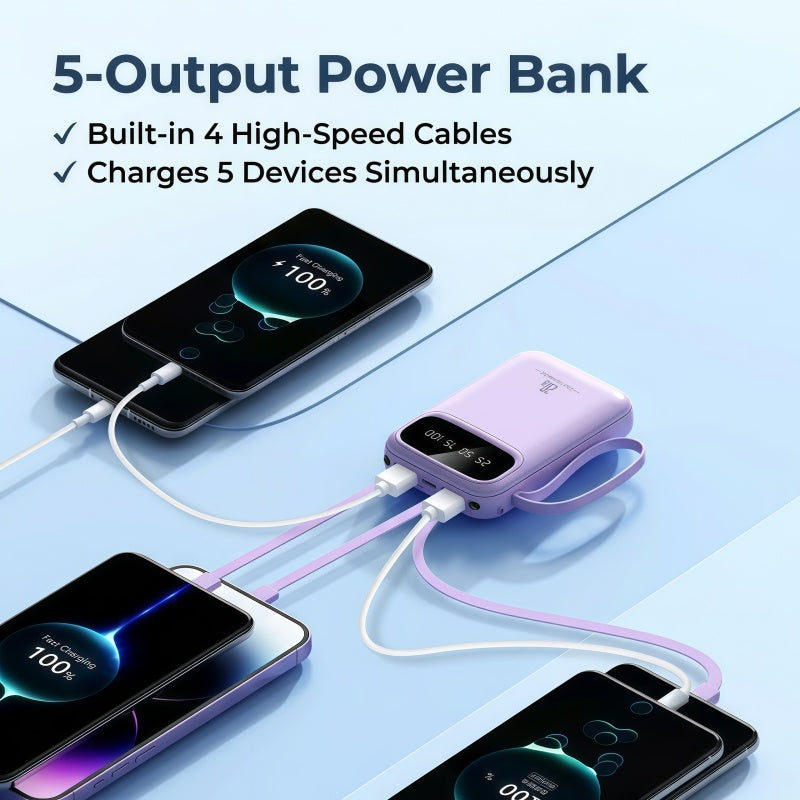 20W PD Fast Charging Portable Power Bank with Built-in Cables, LED Display & Flashlight