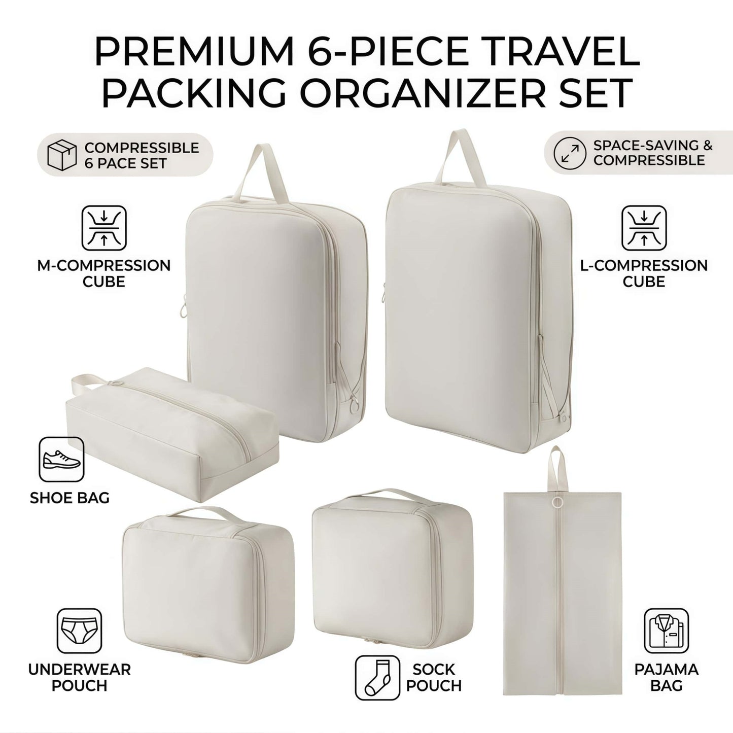 6-Piece Compression Packing Cubes Set - Water-Resistant Travel Luggage Organizers with Shoe Bag - Khaki