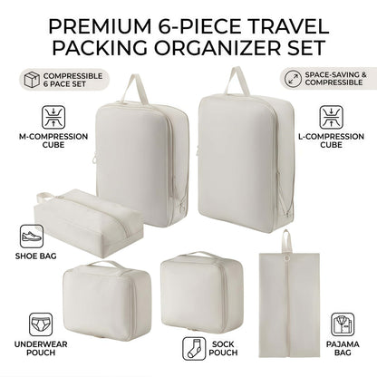 6-Piece Compression Packing Cubes Set - Water-Resistant Travel Luggage Organizers with Shoe Bag - Khaki