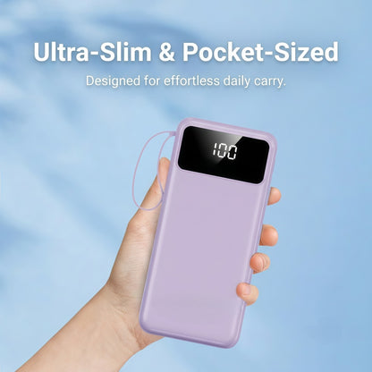 Portable Power Bank 10000mAh with Built-in Cables – 27W PD Fast Charging Travel Battery Pack with Digital LED Display