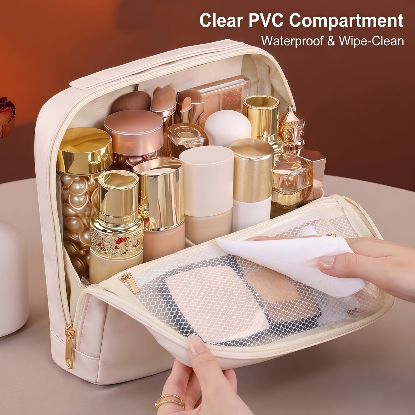 Premium Leather Travel Cosmetic Case with Magnetic Closure and Trolley Sleeve - Multi-Compartment Organizer