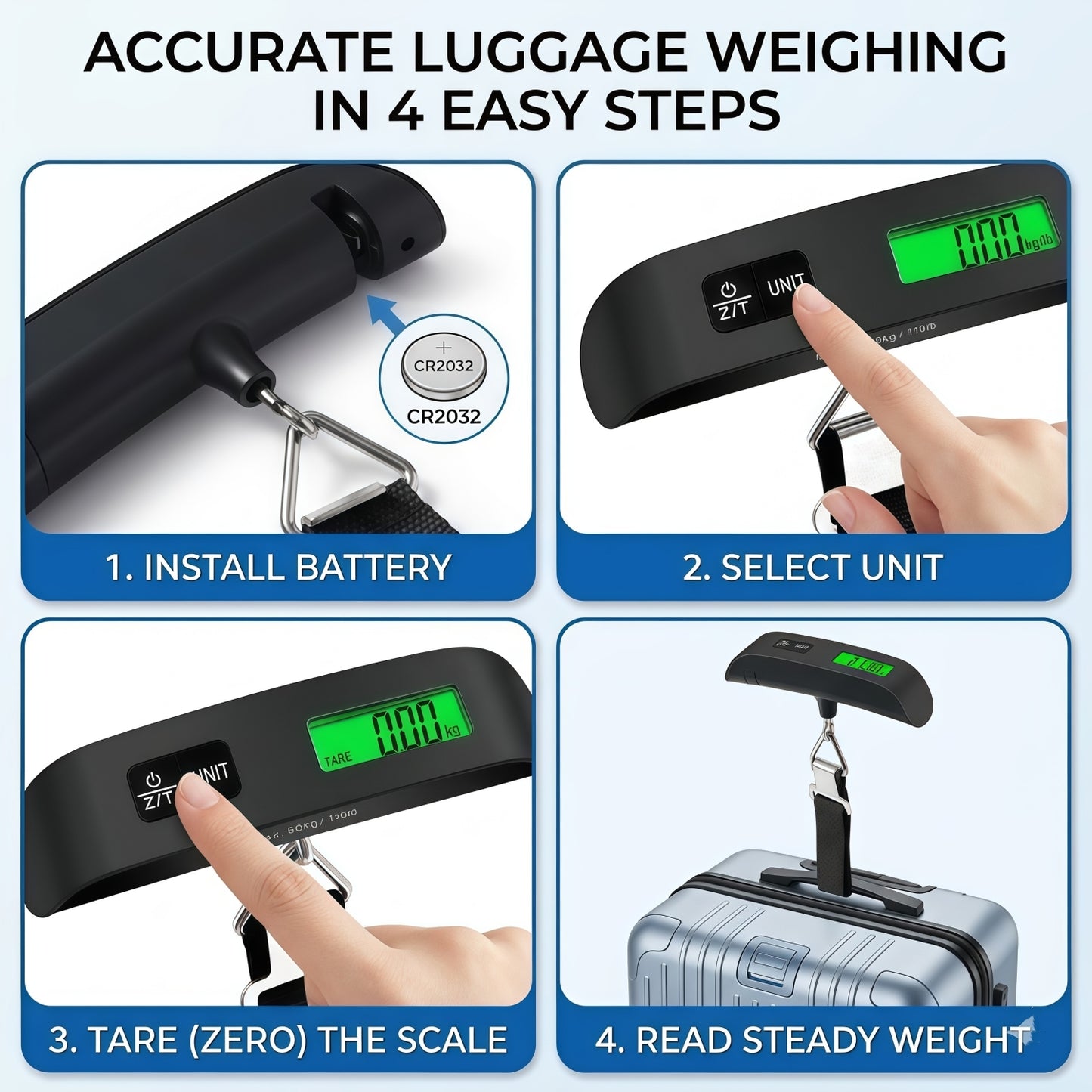 Portable Digital Luggage Scale for Travel, 110 lbs / 50 kg Capacity, Backlit LCD Display with Tare Function & Temperature Sensor