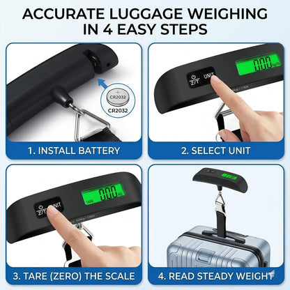 Portable Digital Luggage Scale for Travel, 110 lbs / 50 kg Capacity, Backlit LCD Display with Tare Function & Temperature Sensor