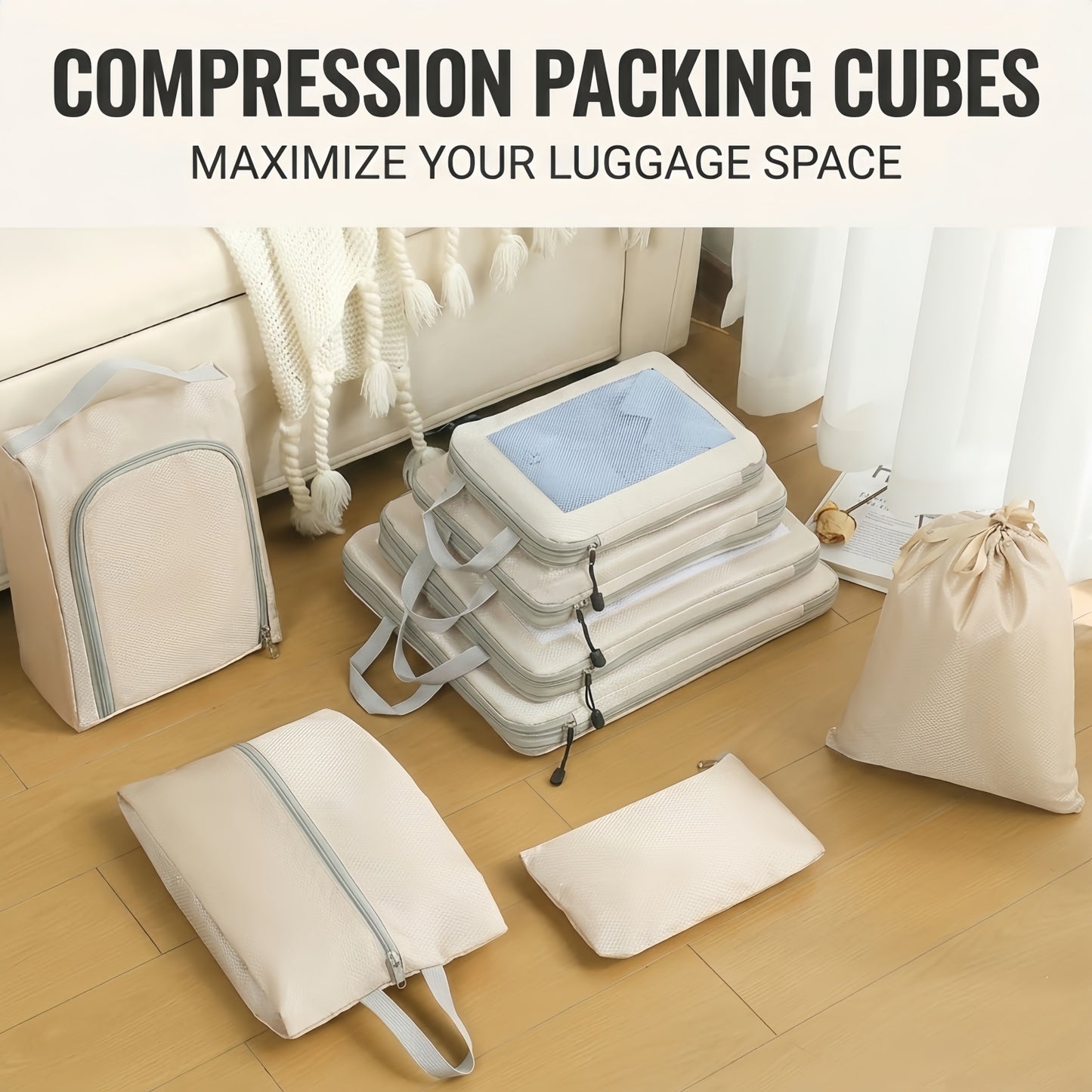 Compression Packing Cubes Set for Travel Luggage - Water-Repellent Organizers with Shoe Bags & Pouches