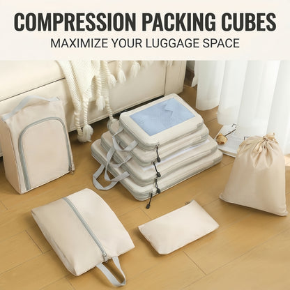 Compression Packing Cubes Set for Travel Luggage - Water-Repellent Organizers with Shoe Bags & Pouches