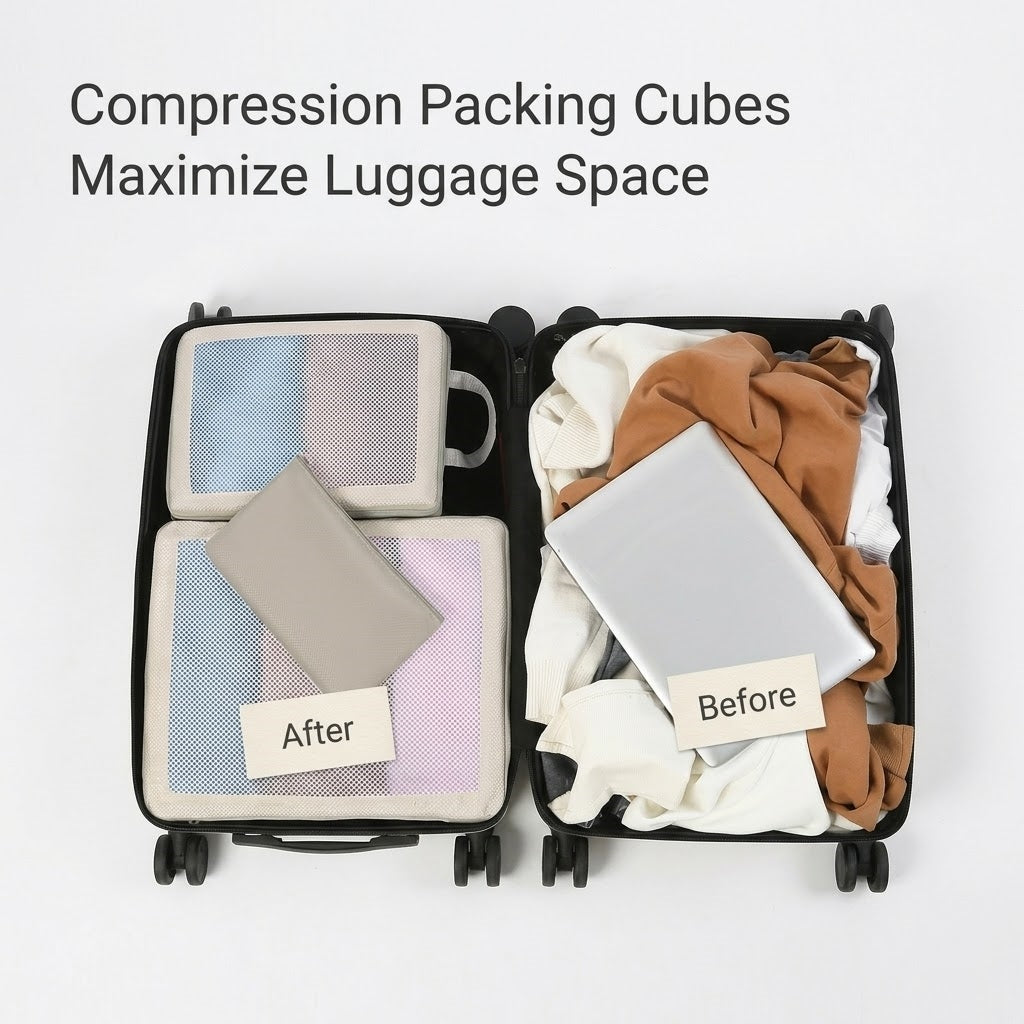 Compression Packing Cubes Set for Travel Luggage - Water-Repellent Organizers with Shoe Bags & Pouches