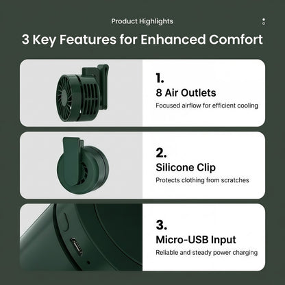 Portable Clip-On Personal Fan - Hands-Free Wearable Waist & Neck Cooling Fan, 3-Speed 360° Rotatable Rechargeable Airflow