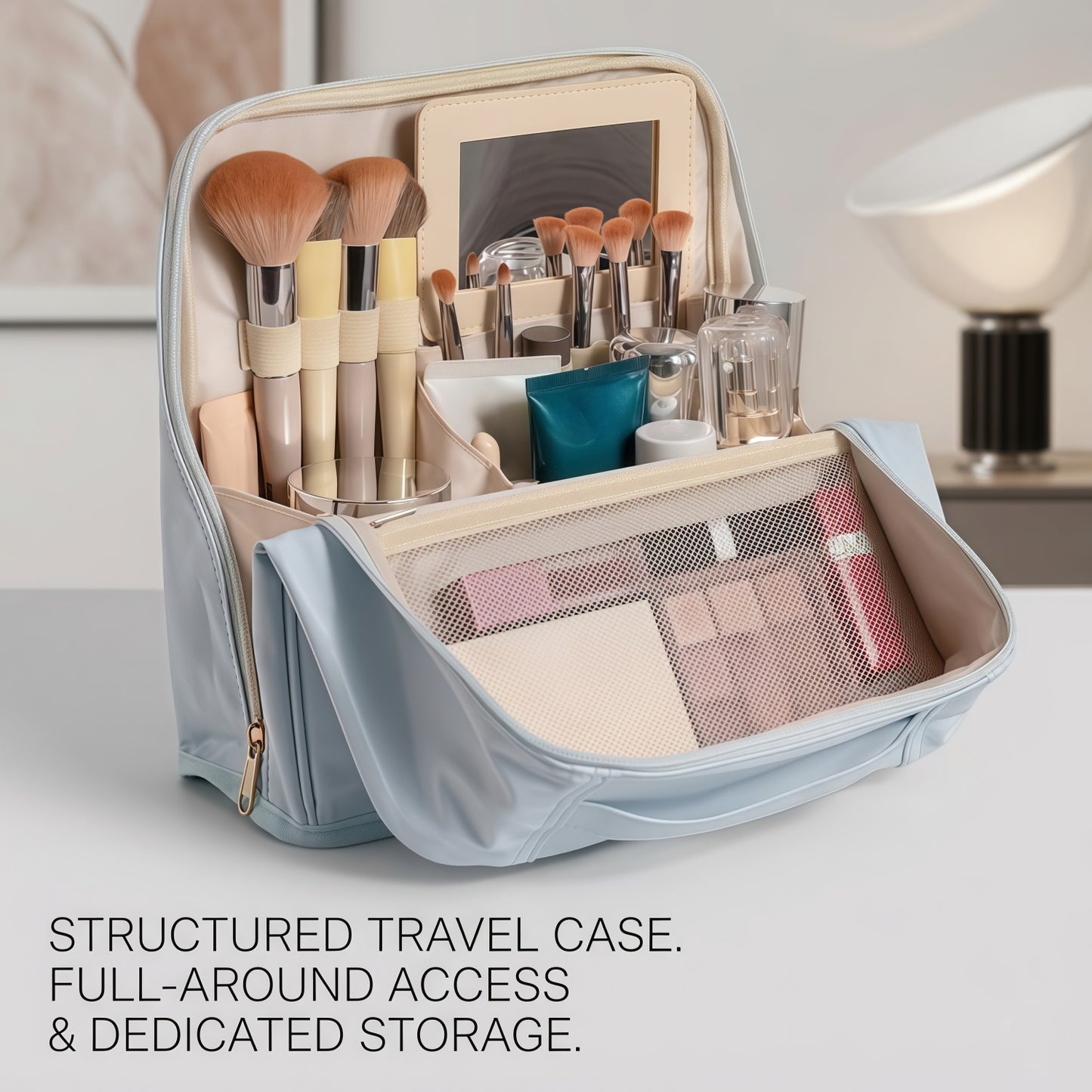 Large Travel Makeup Case Organizer with Built-in Mirror, Dual-Compartment PU Leather Cosmetic Bag with Brush Holders - Blue