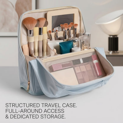 Large Travel Makeup Case Organizer with Built-in Mirror, Dual-Compartment PU Leather Cosmetic Bag with Brush Holders - Blue