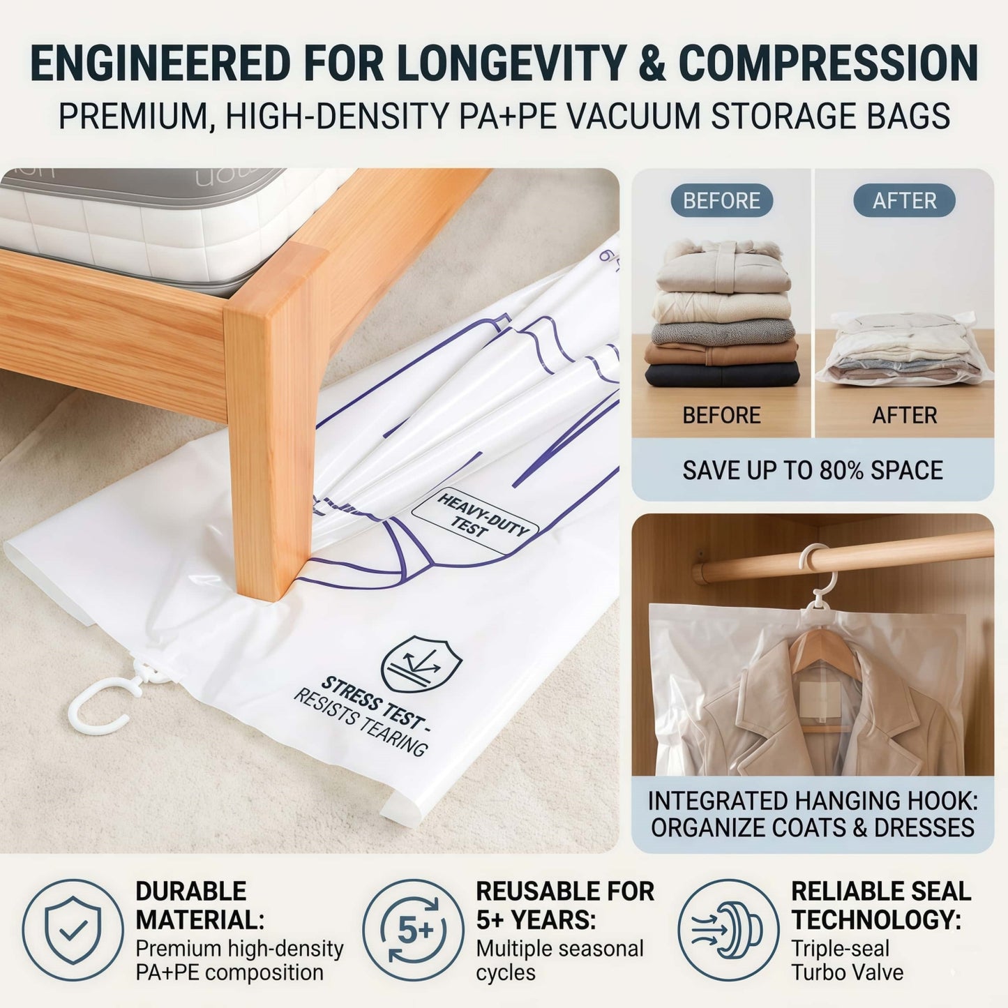 Heavy-Duty Hanging Vacuum Storage Bags for Closet Organization, Clear Space Saving Garment Bags with Hook