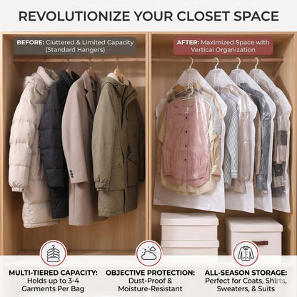 Heavy-Duty Hanging Vacuum Storage Bags for Closet Organization, Clear Space Saving Garment Bags with Hook