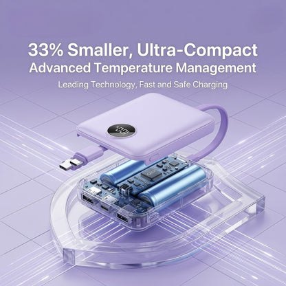 PD 20W Mini Portable Power Bank with Built-in Cable, LED Display & 3-Device Simultaneous Fast Charging