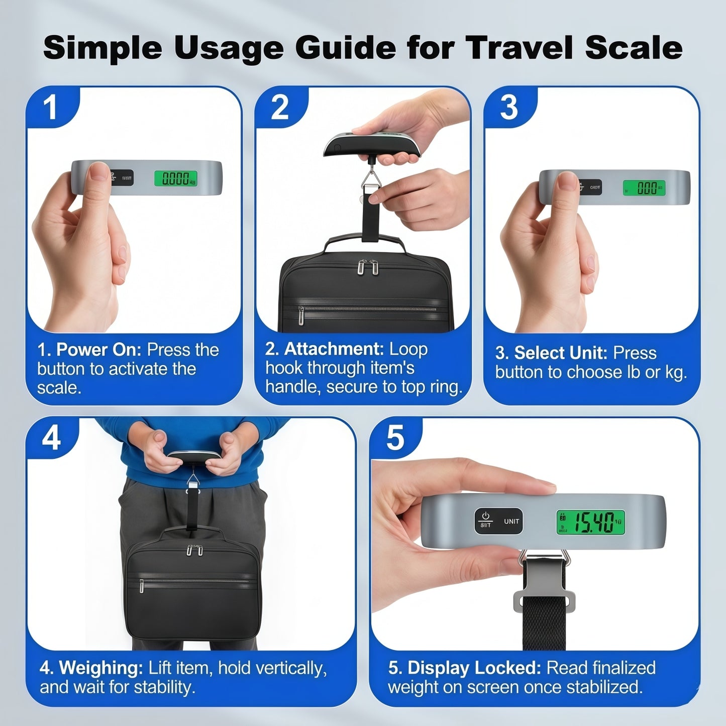 Portable Digital Luggage Scale for Travel, 110 lbs / 50 kg Capacity, Backlit LCD Display with Tare Function & Temperature Sensor