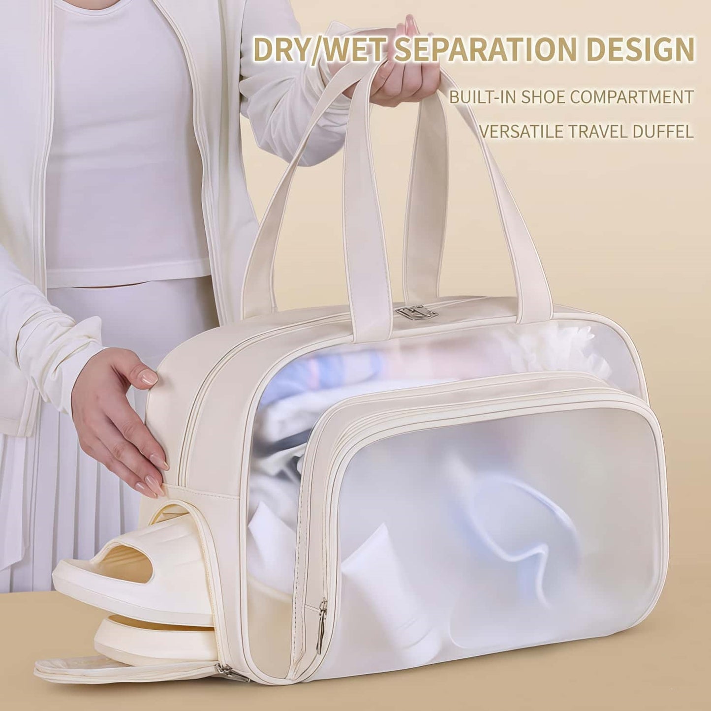 Water-Resistant Clear Travel Tote Bag with Shoe Compartment - PU Leather Gym Duffel with Wet/Dry Pocket