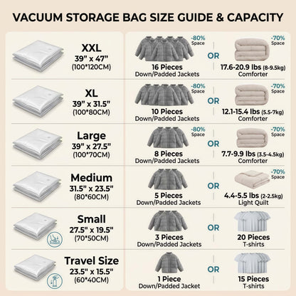 Reusable Vacuum Storage Bags for Clothes and Bedding - Space Saving Compression Bags, Multiple Sizes