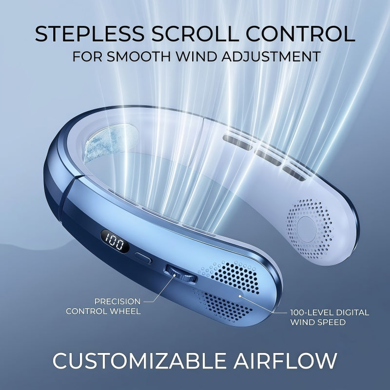 Portable Wearable Neck Fan with Ceramic Cooling Pad, 5000mAh Battery, 100-Speed Stepless Control, Bladeless Design