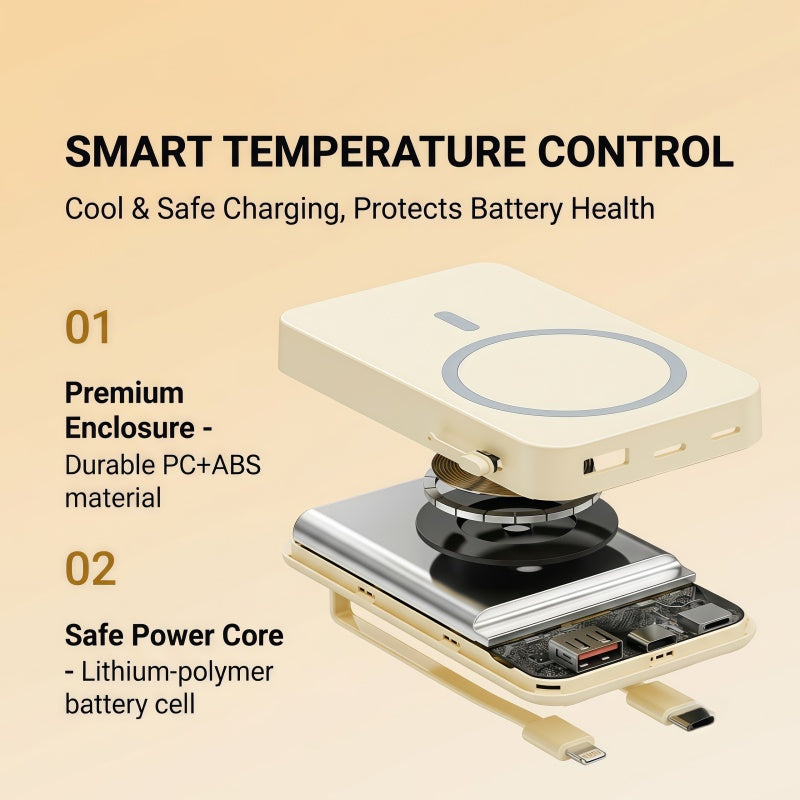 10000mAh Magnetic Power Bank with Built-in Cables & Foldable Kickstand – 22.5W Fast Charging Wireless Portable Charger