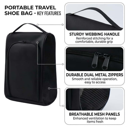 Portable Travel Shoe Bag Organizer with Breathable Mesh Panels - Black