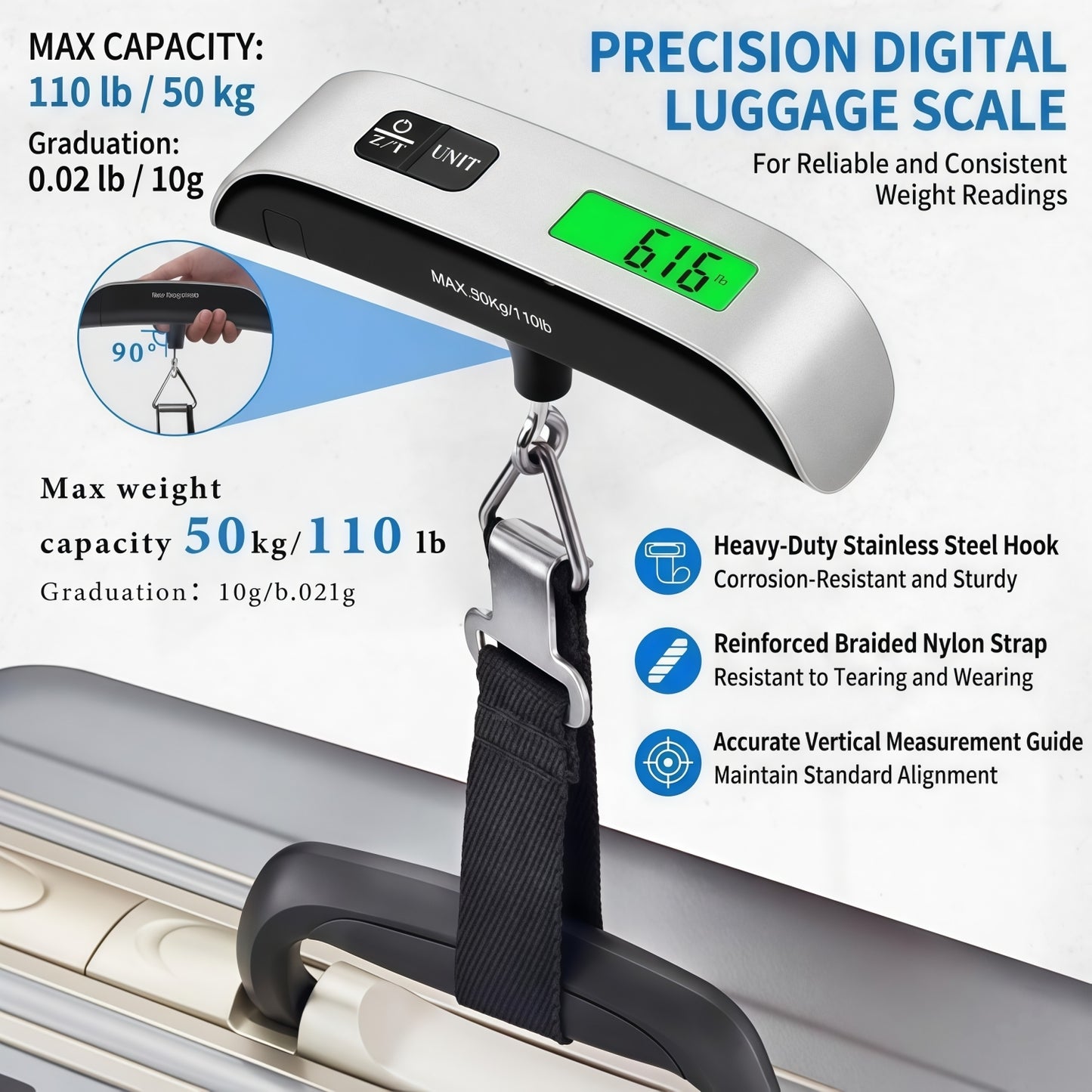 Portable Digital Luggage Scale for Travel, 110 lbs / 50 kg Capacity, Backlit LCD Display with Tare Function & Temperature Sensor
