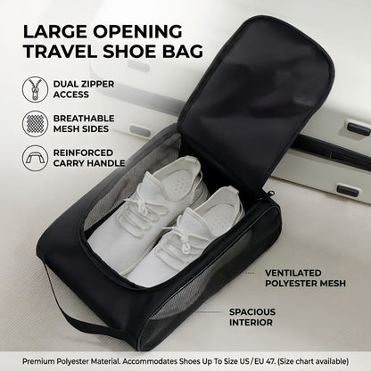 Portable Travel Shoe Bag Organizer with Breathable Mesh Panels - Black