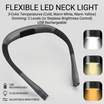 Rechargeable LED Neck Reading Light – 3 Color Modes, 3 Brightness Levels, Flexible Silicone Arms