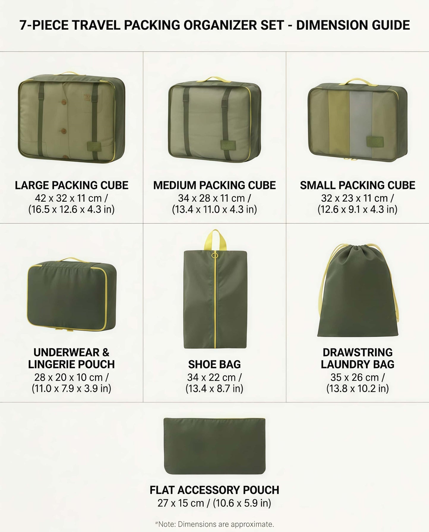 7-Piece Travel Packing Cube Set - Lightweight Luggage Organizer Bags - Green