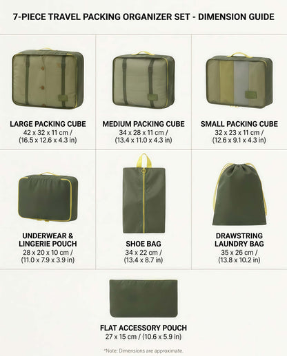 7-Piece Travel Packing Cube Set - Lightweight Luggage Organizer Bags - Green