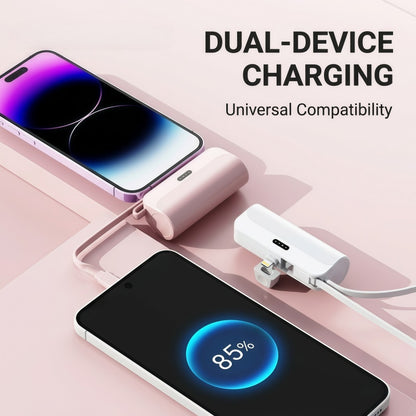 Mini Portable Power Bank – Direct-Plug Ultra-Compact Charger with Built-In Cables (USB-C & Lightning Compatible)