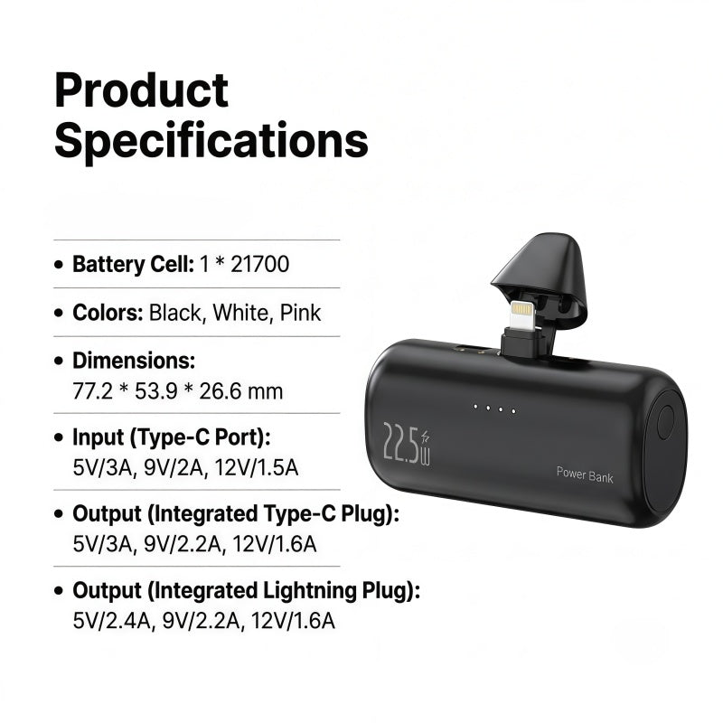 22.5W Ultra-Compact Mini Power Bank with Built-in Lightning & USB-C Connectors