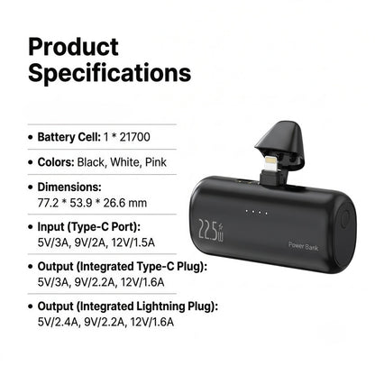 22.5W Ultra-Compact Mini Power Bank with Built-in Lightning & USB-C Connectors