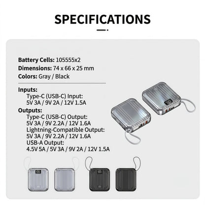 120W Fast Charging Power Bank with Built-in Cables & Digital LED Display - Portable Charger for iPhone, Type-C Devices