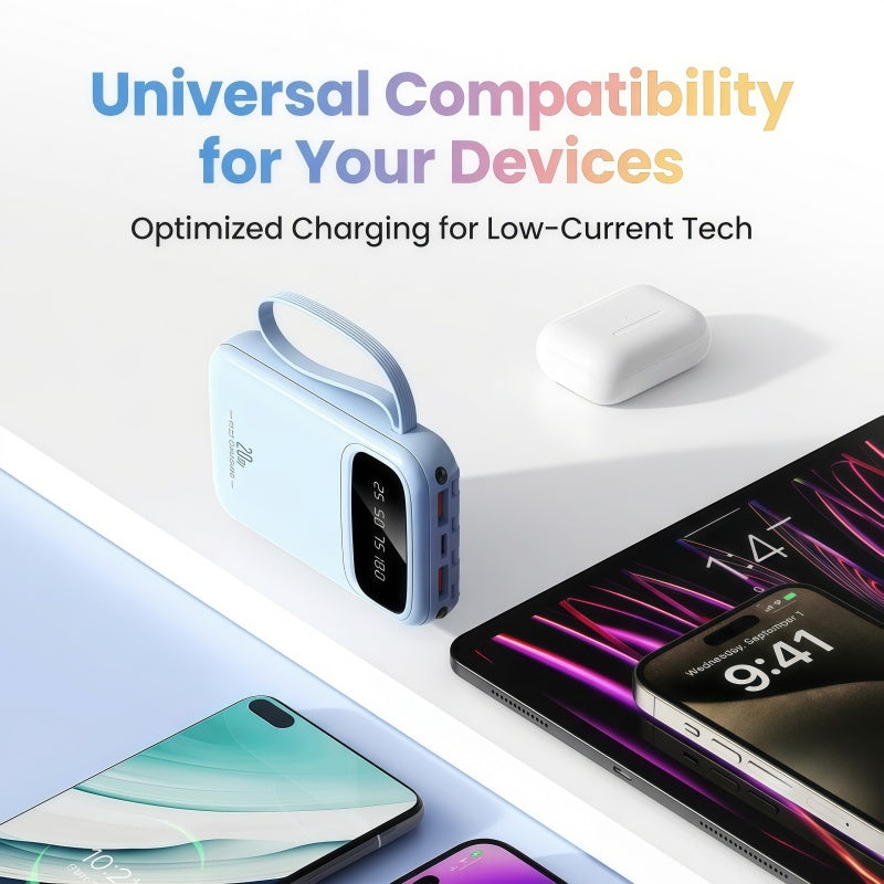 20W PD Fast Charging Portable Power Bank with Built-in Cables, LED Display & Flashlight