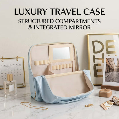 Large Travel Makeup Case Organizer with Built-in Mirror, Dual-Compartment PU Leather Cosmetic Bag with Brush Holders - Blue