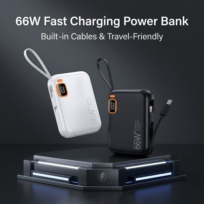10000mAh Mini Power Bank with Built-in Cables, 66W Fast Charging Portable Battery Pack