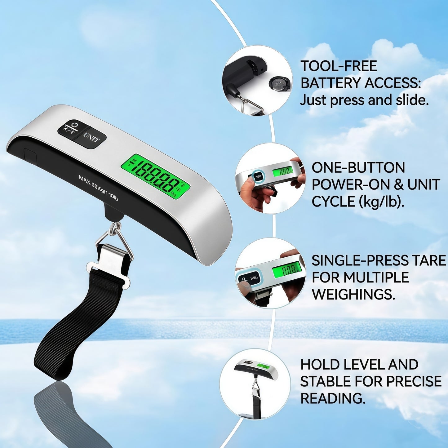Portable Digital Luggage Scale for Travel, 110 lbs / 50 kg Capacity, Backlit LCD Display with Tare Function & Temperature Sensor