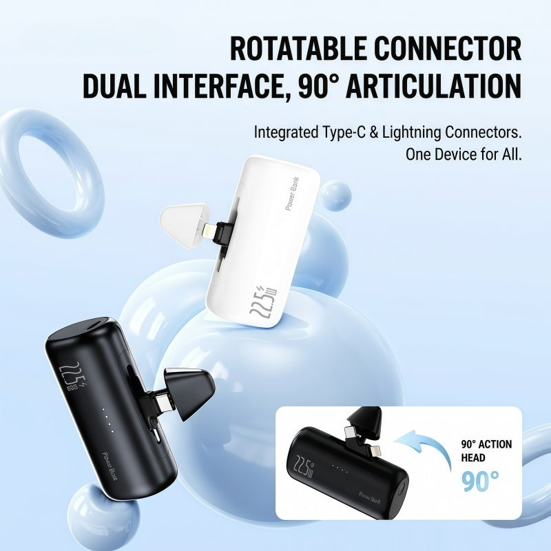 22.5W Ultra-Compact Mini Power Bank with Built-in Lightning & USB-C Connectors