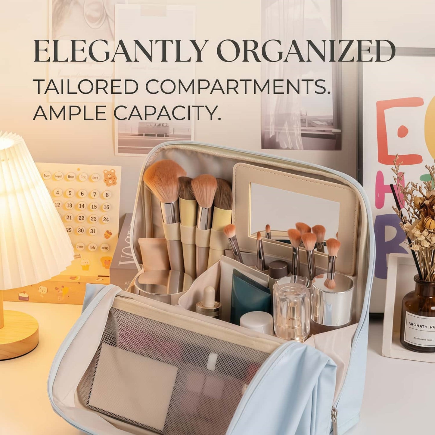 Large Travel Makeup Case Organizer with Built-in Mirror, Dual-Compartment PU Leather Cosmetic Bag with Brush Holders - Blue