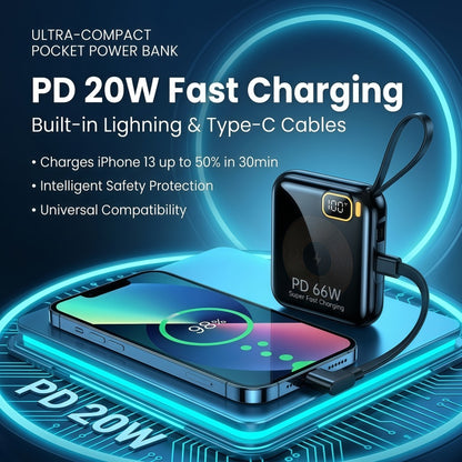 10000mAh Mini Power Bank with Built-in Cables, 66W Fast Charging Portable Battery Pack