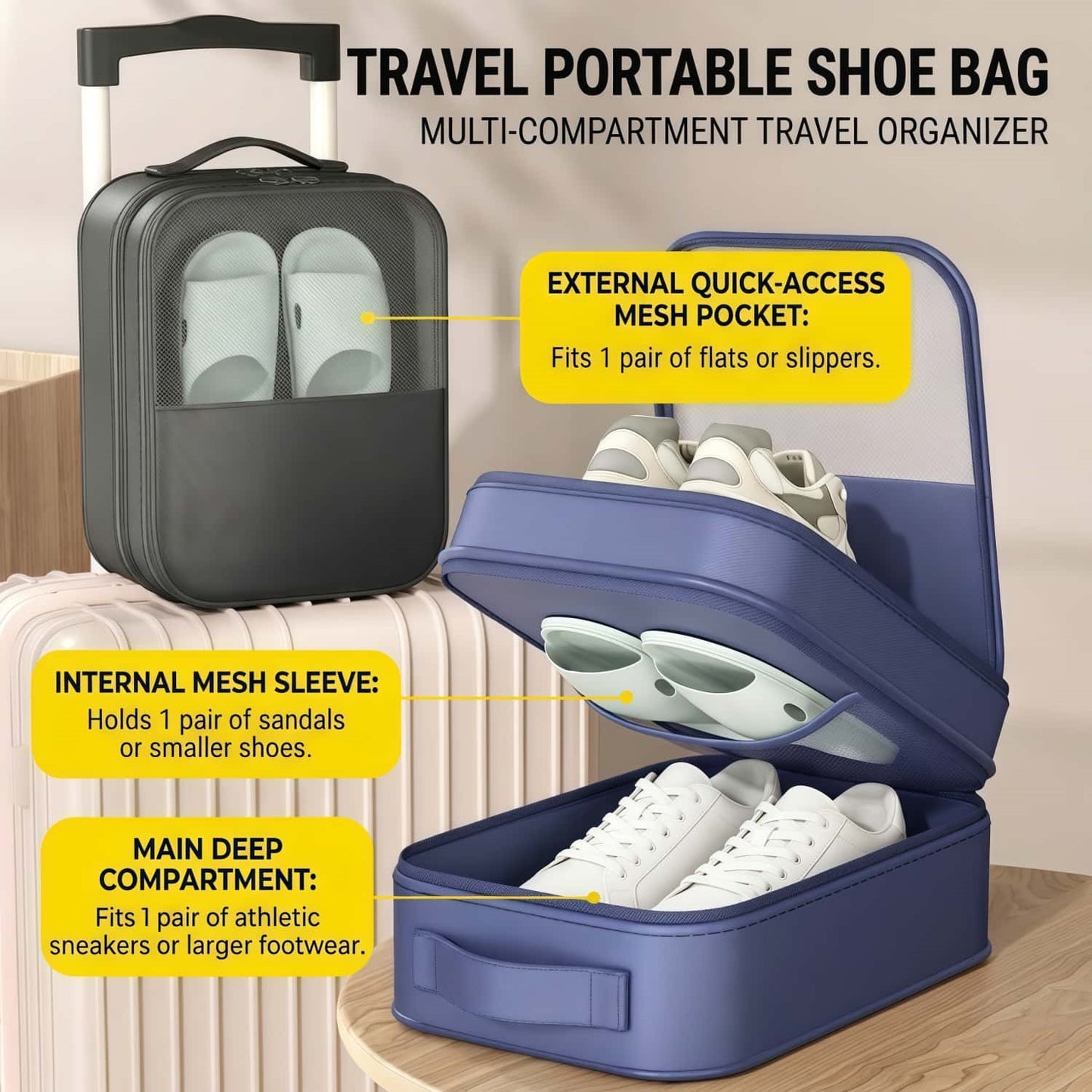 Dual-Layer Travel Shoe Organizer Bag - Water-Repellent Portable Packing Cube with Trolley Sleeve - Blue