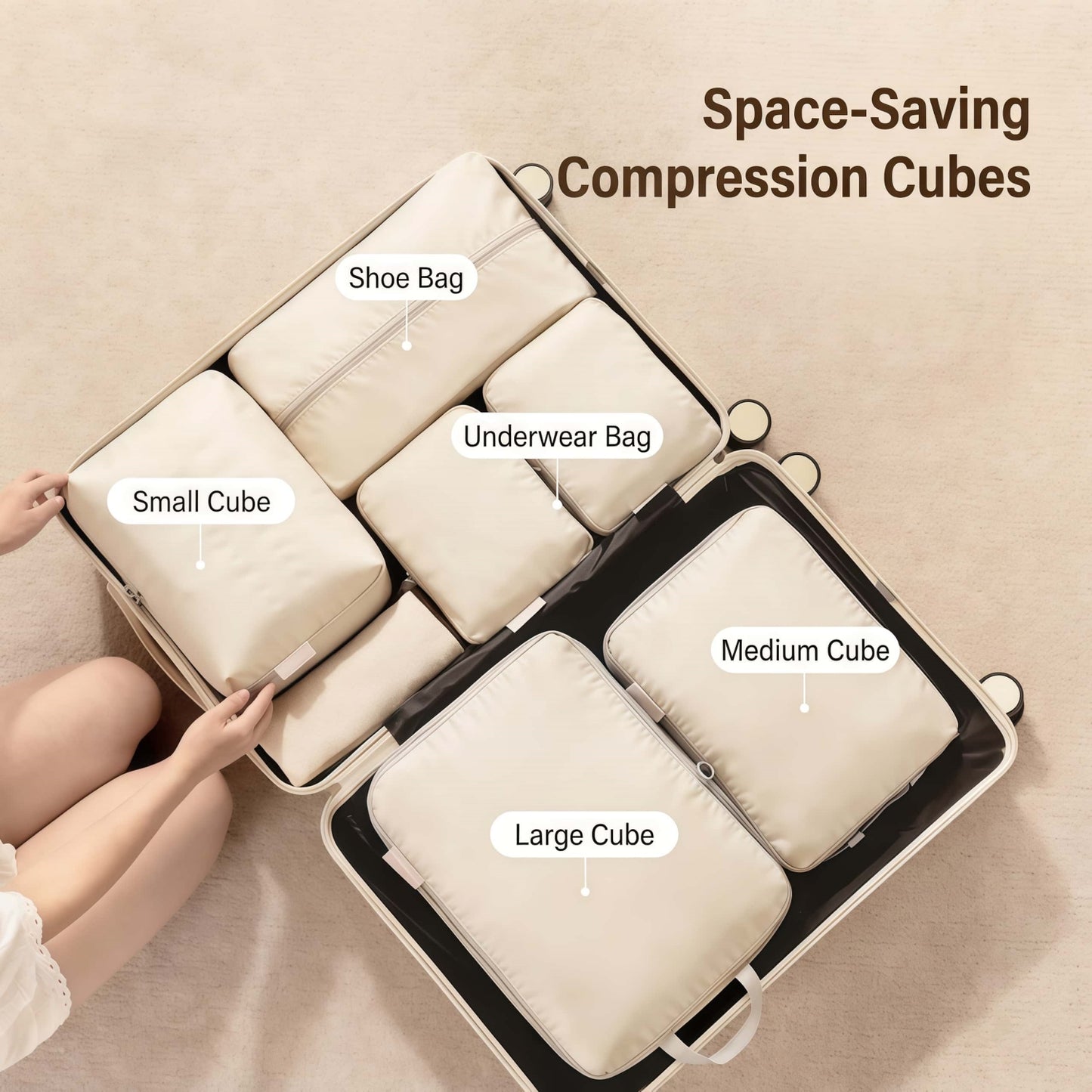 7-Piece Compression Packing Cubes Set for Travel, Water-Resistant Luggage Organizers - Beige