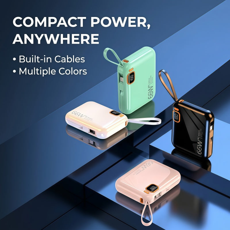 10000mAh Mini Power Bank with Built-in Cables, 66W Fast Charging Portable Battery Pack