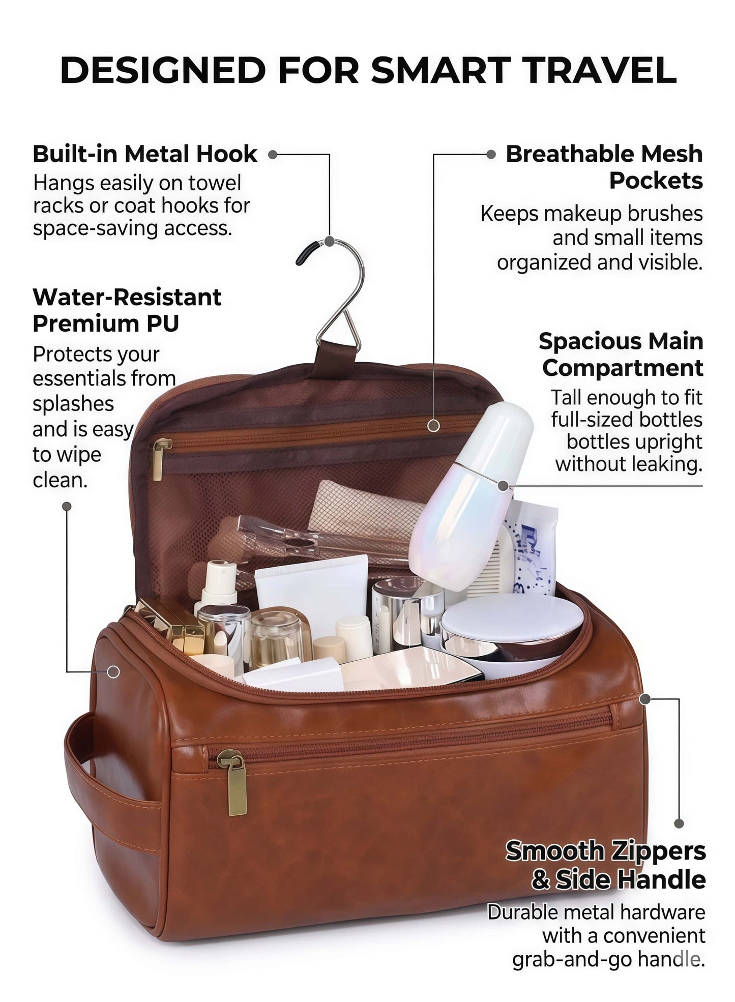 Large Capacity Hanging Toiletry Bag - Water-Resistant PU Leather Travel Organizer, 9.8" x 5.5" x 5.1"