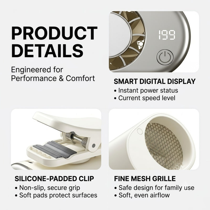 Portable Waist Clip Fan, 199-Speed Turbocharged Personal Cooling Fan with Digital Display & Lanyard