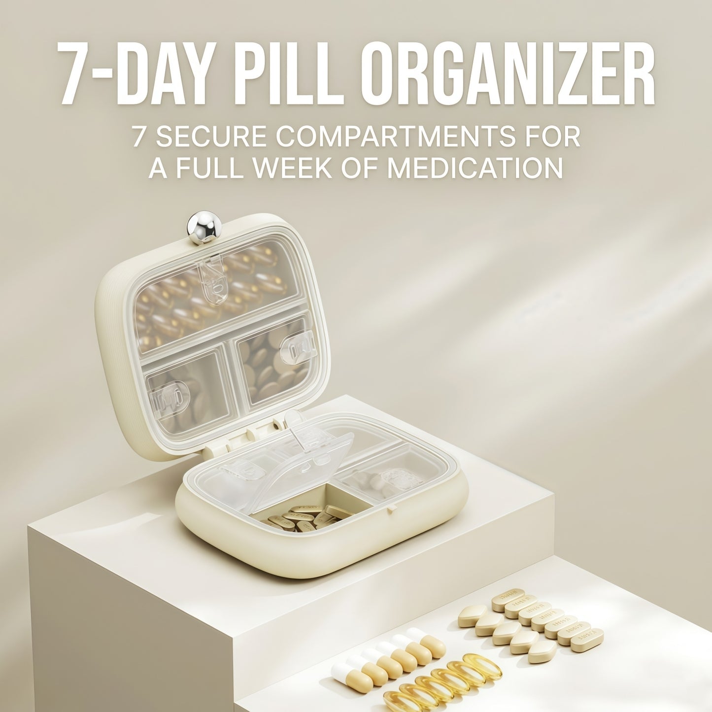 Portable 7-Day Pill & Vitamin Organizer Case | Moisture-Proof Travel Box with Tracking Dial and 7 Compartments