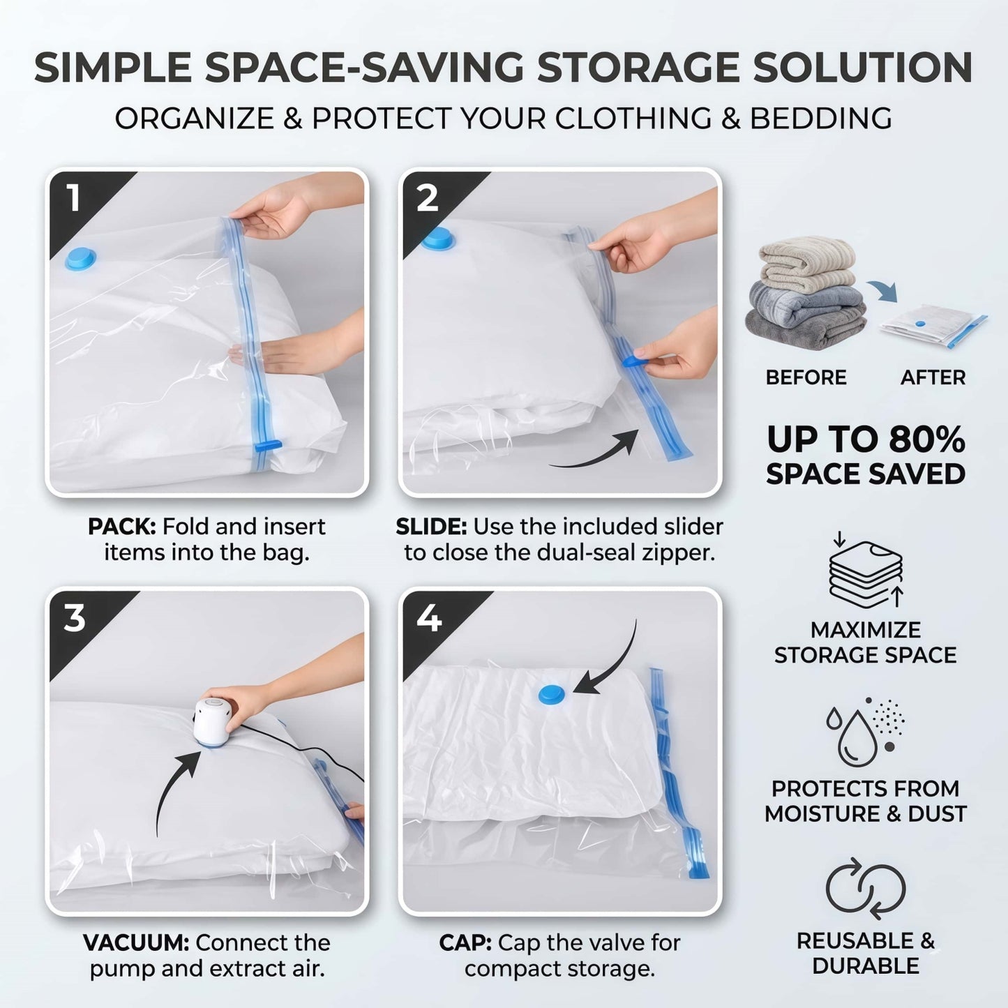 Reusable Vacuum Storage Bags for Clothes and Bedding - Space Saving Compression Bags, Multiple Sizes