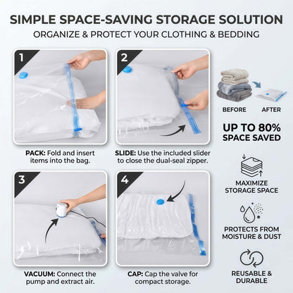 Reusable Vacuum Storage Bags for Clothes and Bedding - Space Saving Compression Bags, Multiple Sizes