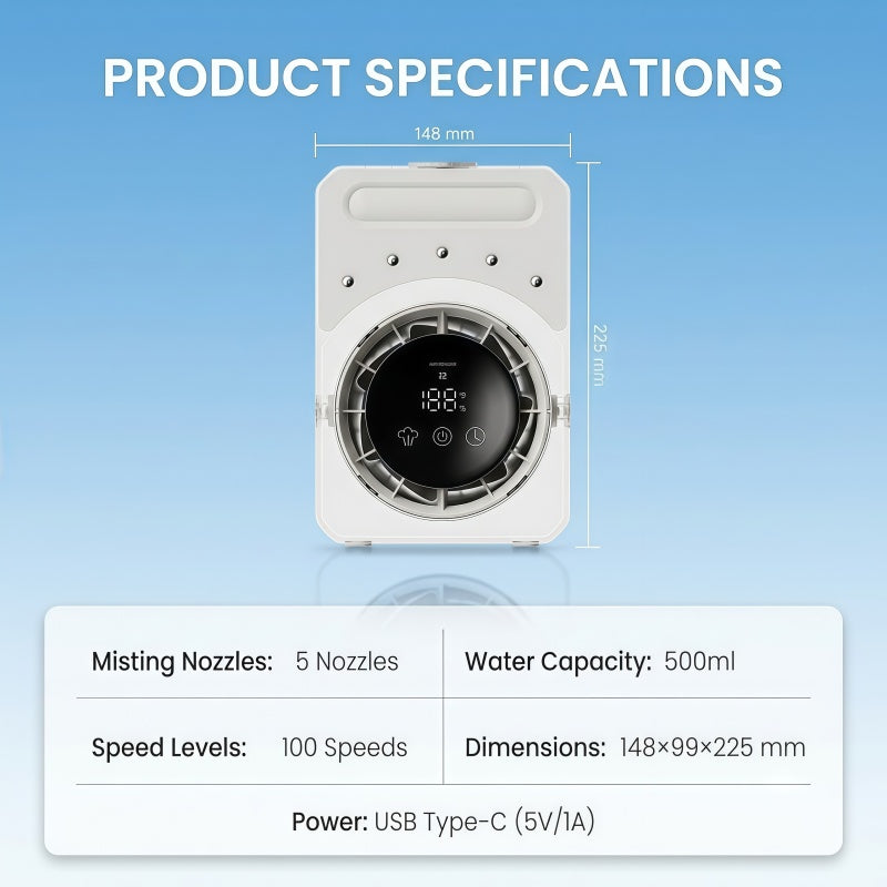 Portable Desktop Air Cooler & Humidifier – 500ml Top-Fill Tank, 100 Speed Stepless Adjustment