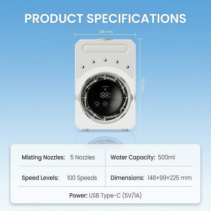 Portable Desktop Air Cooler & Humidifier – 500ml Top-Fill Tank, 100 Speed Stepless Adjustment